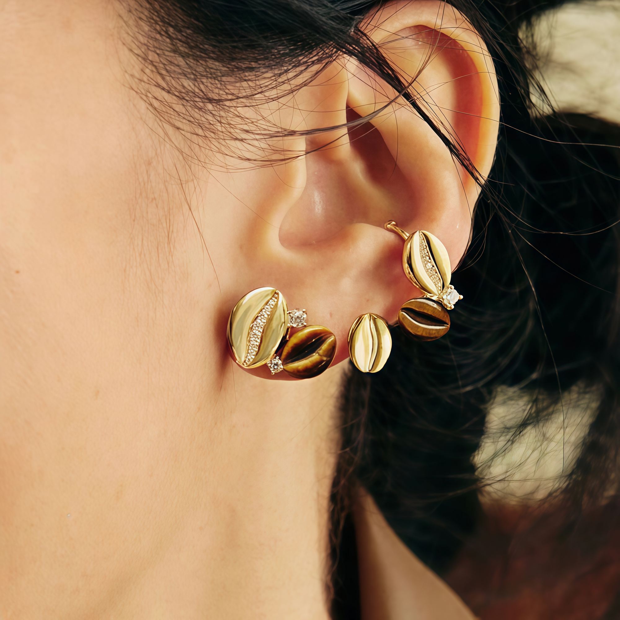 Tiger Eye and Zirconia Silver Coffee Bean Earrings