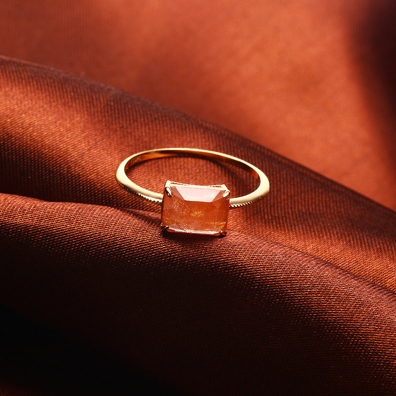 S925 Sterling Silver Natural Rectangular Rutilated Quartz Geometric Ring