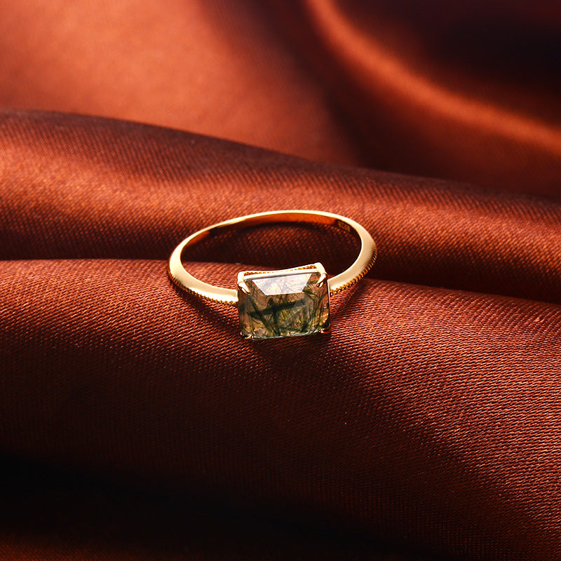 S925 Sterling Silver Natural Rectangular Rutilated Quartz Geometric Ring