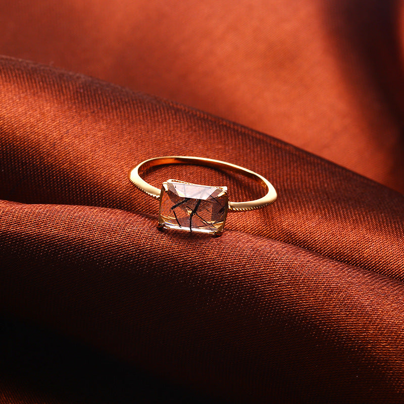 S925 Sterling Silver Natural Rectangular Rutilated Quartz Geometric Ring