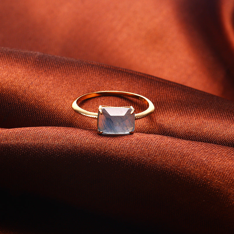 S925 Sterling Silver Natural Rectangular Rutilated Quartz Geometric Ring