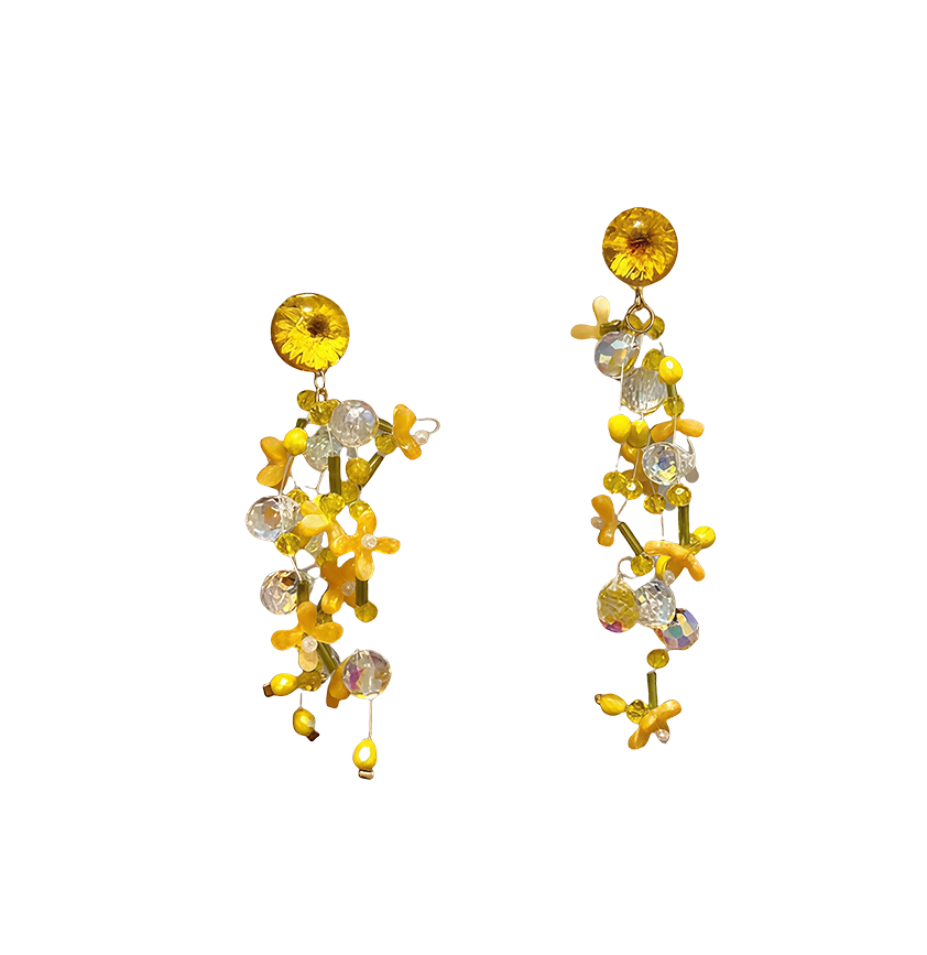 Yellow Daisy Tassel Bead Earrings