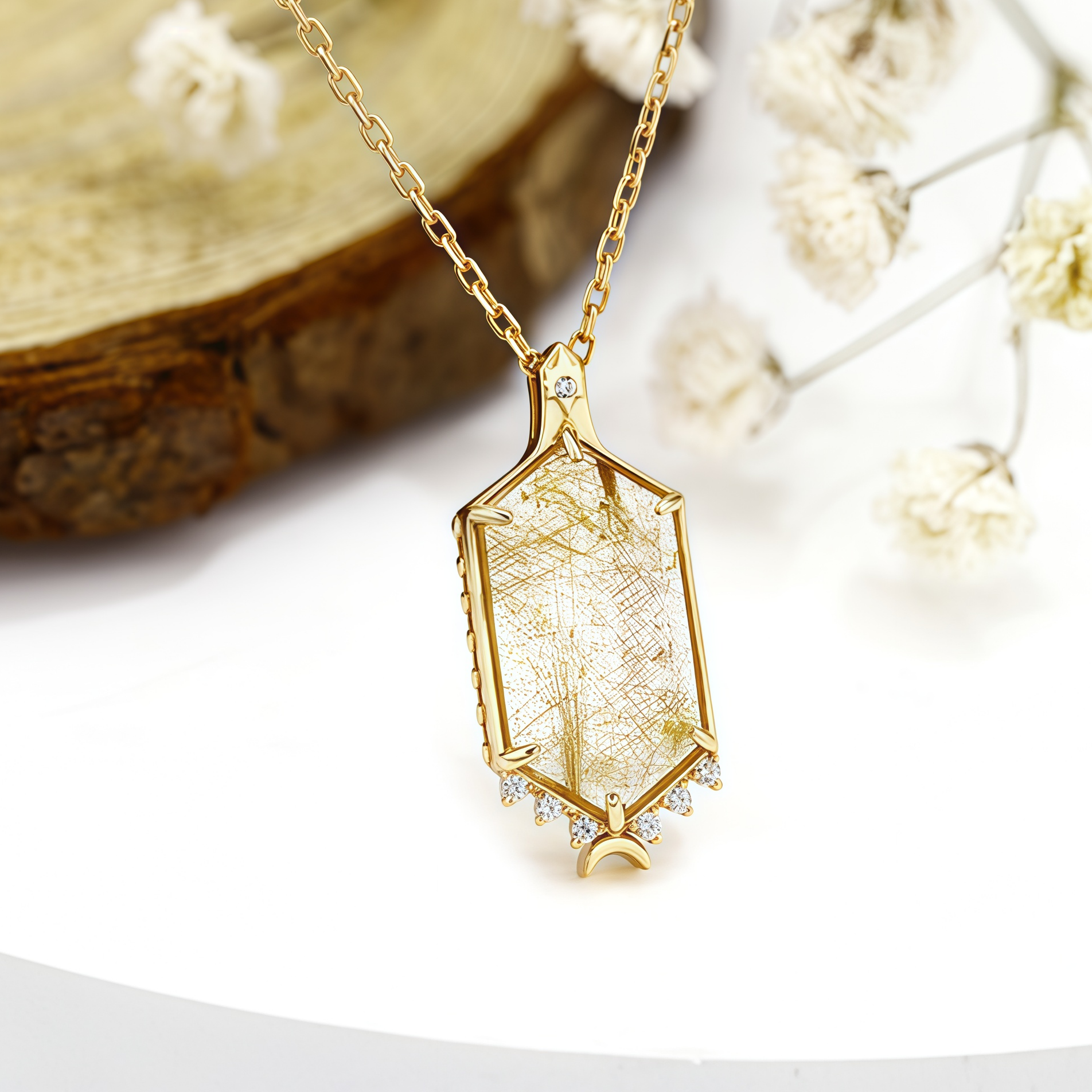 Gold Rutilated Zircon Inlaid Sterling Silver Pendant