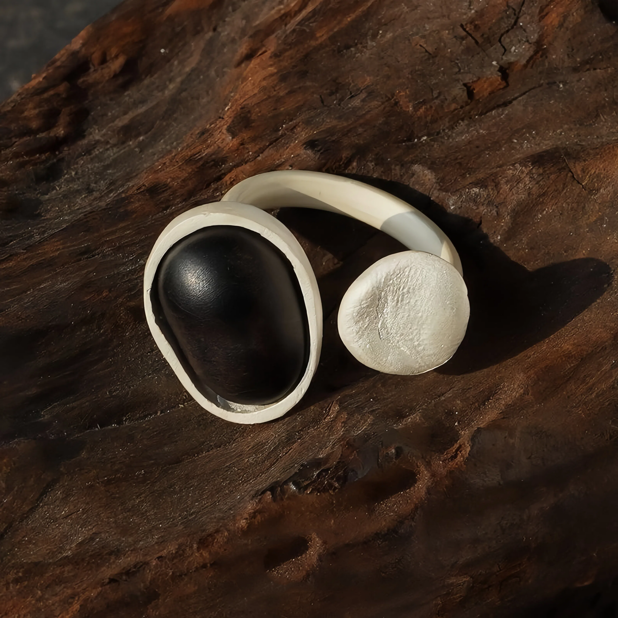 Vintage Silver Inlaid Wood Open Ring