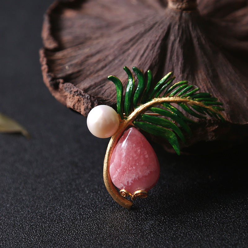 Rhodonite Pearl and Enamel Green Feather Fan Pendant Brooch
