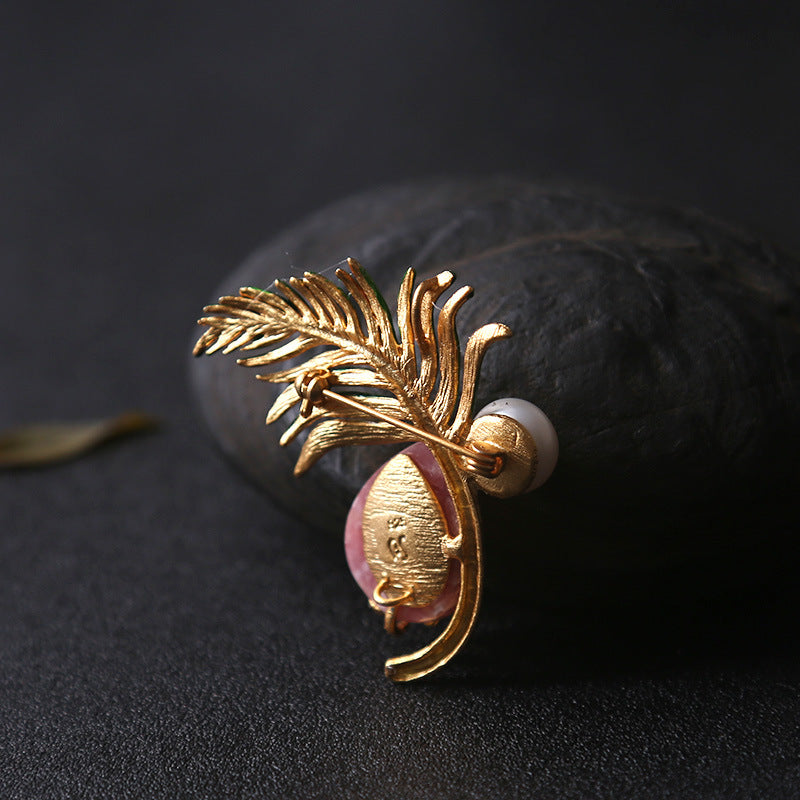 Rhodonite Pearl and Enamel Green Feather Fan Pendant Brooch