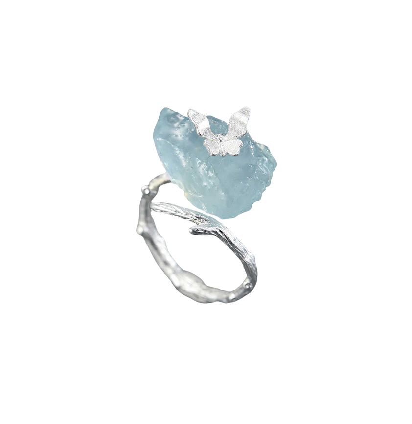 Aquamarine Raw Crystal Silver Butterfly Ring