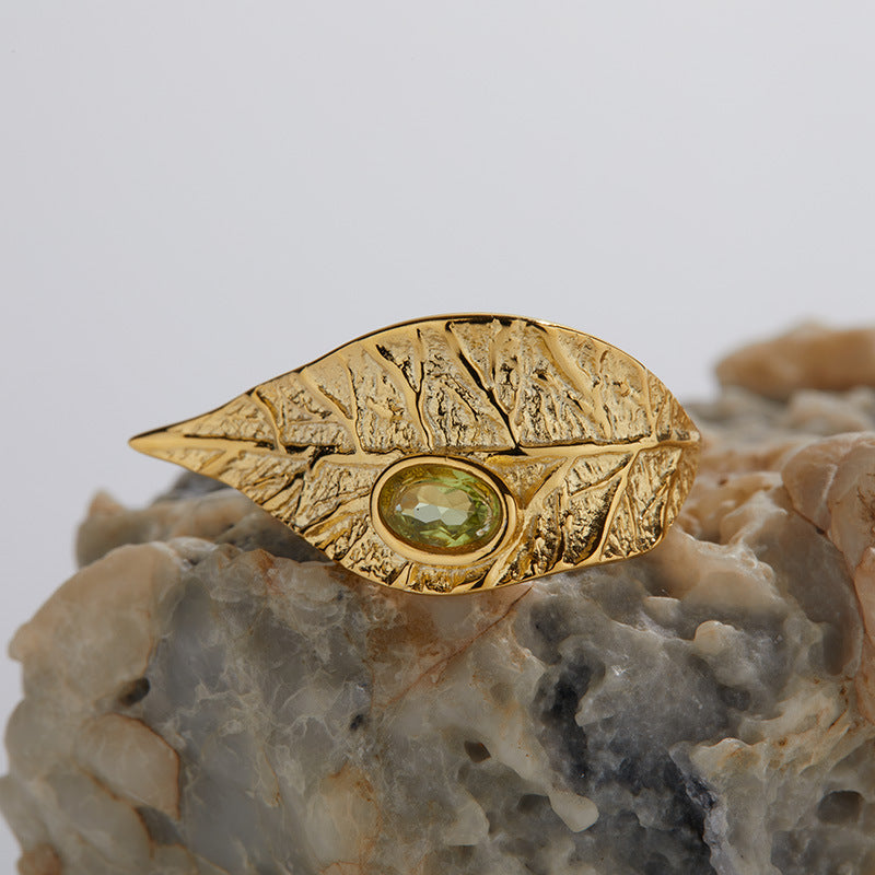 Artistic Leaf Natural Gemstone Open Ring