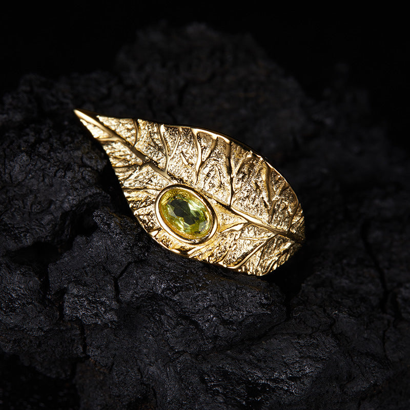 Artistic Leaf Natural Gemstone Open Ring