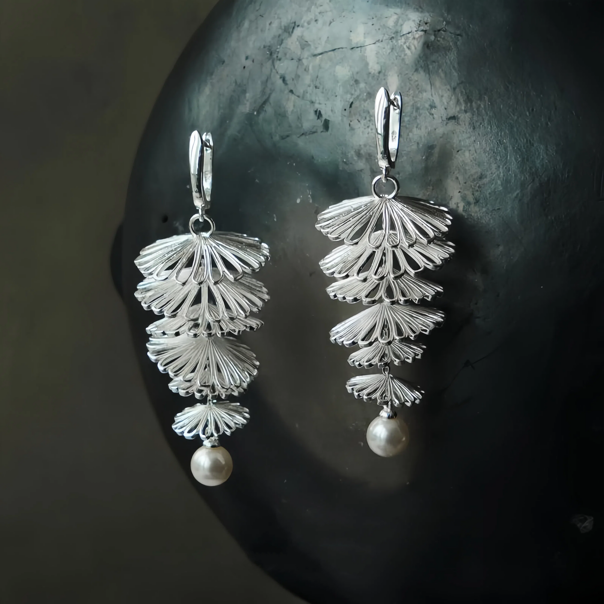 Pearl Silver Hollow Flower Earrings