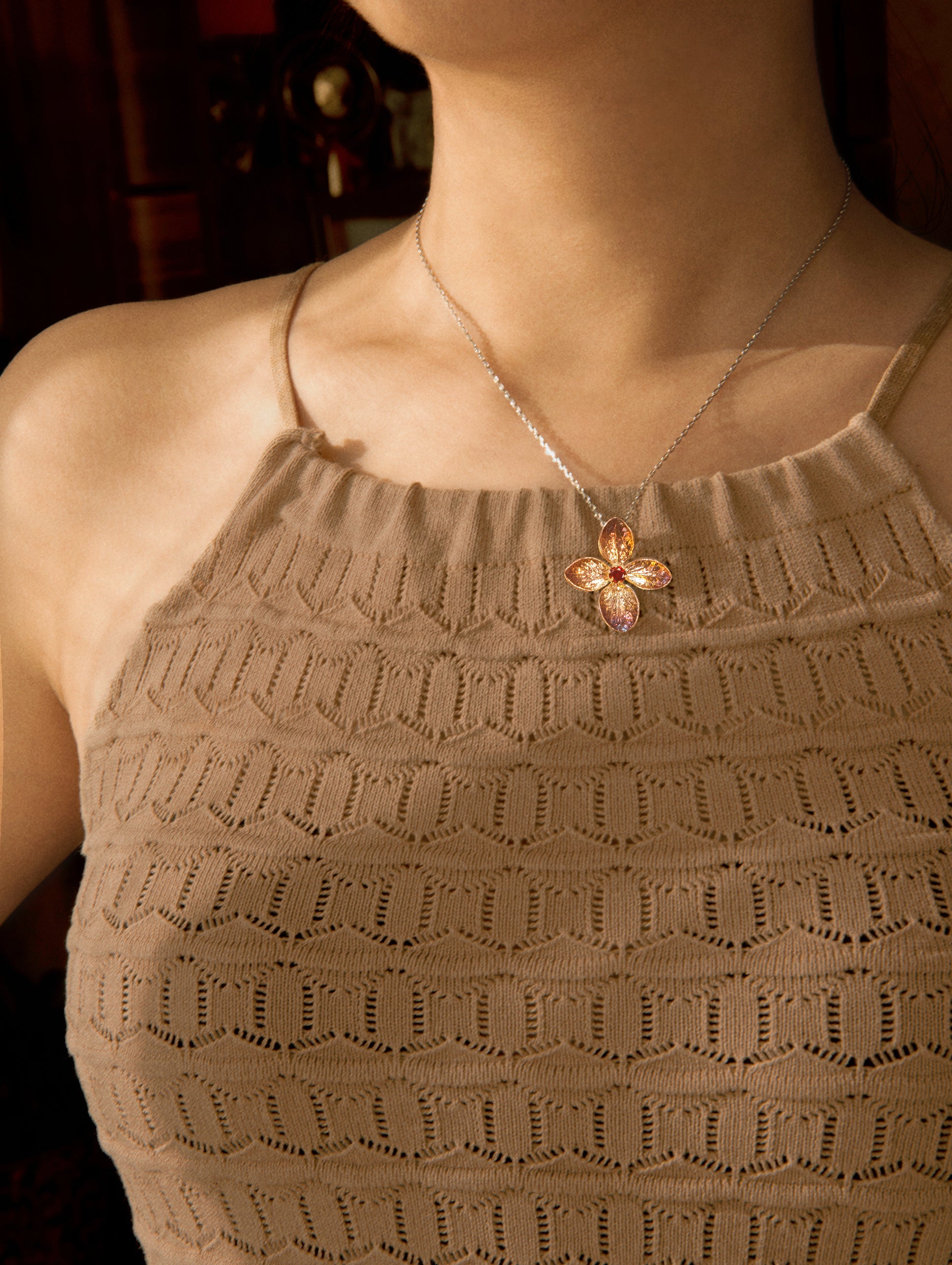 Silver Garnet Hydrangea Illusion Pendant jewelry BYRDSTRÖM handmade handcrafted