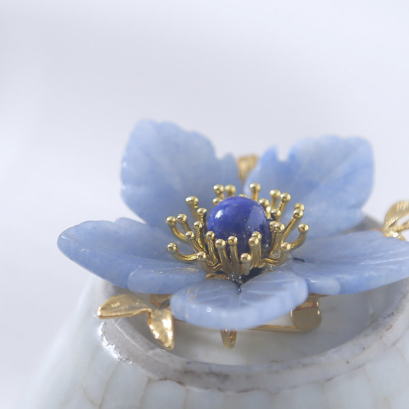 Blue Agate Floral Brooch