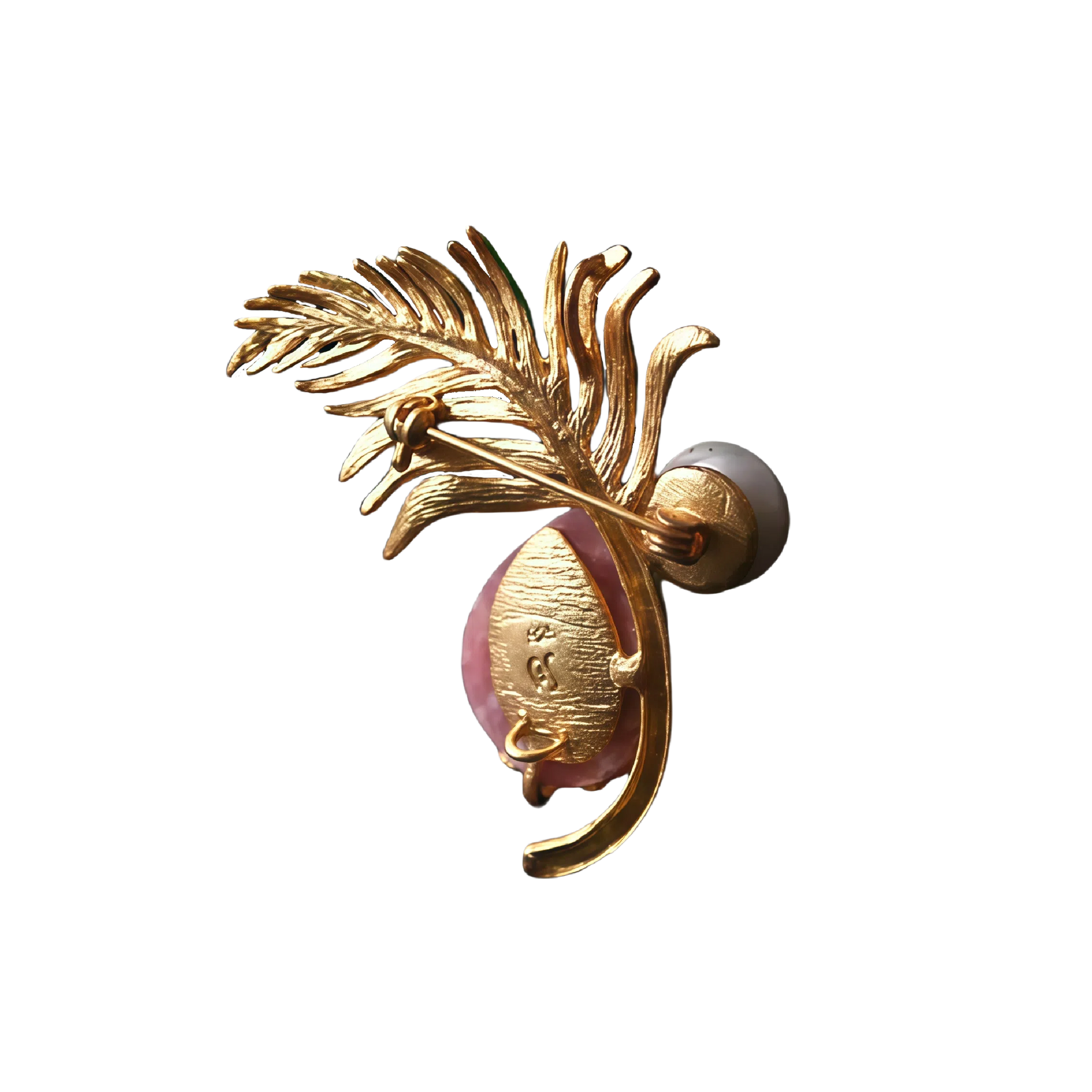 Rhodonite Pearl and Enamel Green Feather Fan Pendant Brooch