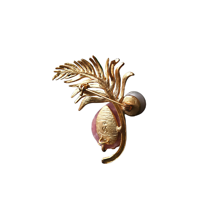 Rhodonite Pearl and Enamel Green Feather Fan Pendant Brooch