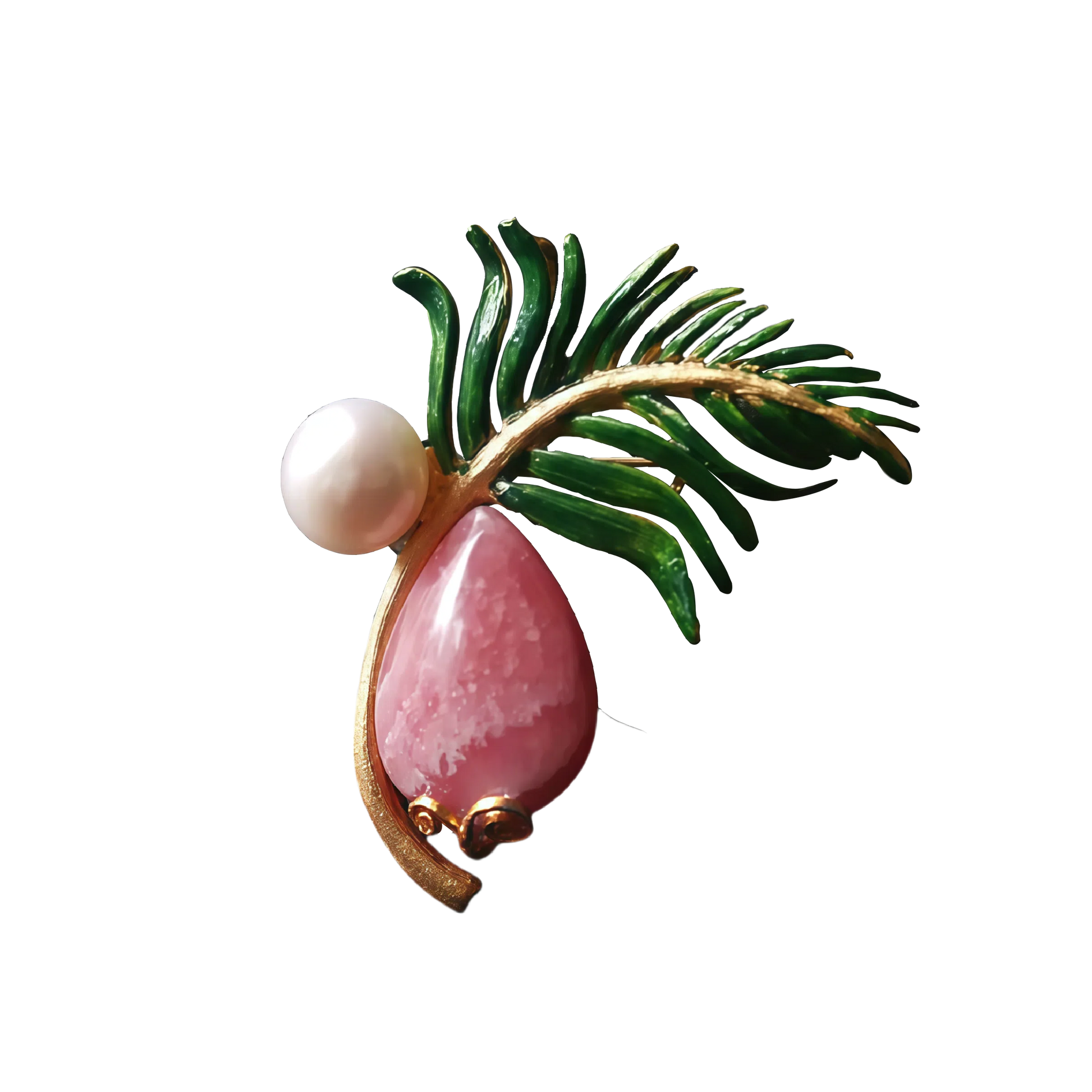 Rhodonite Pearl and Enamel Green Feather Fan Pendant Brooch