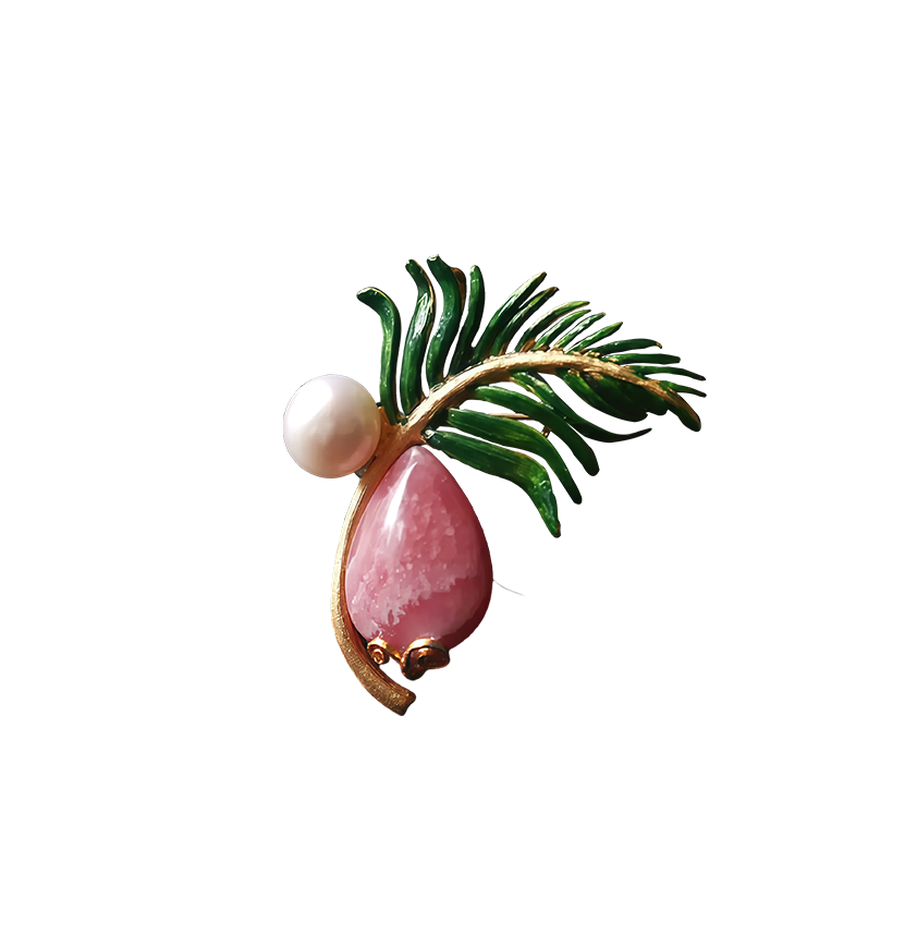 Rhodonite Pearl and Enamel Green Feather Fan Pendant Brooch