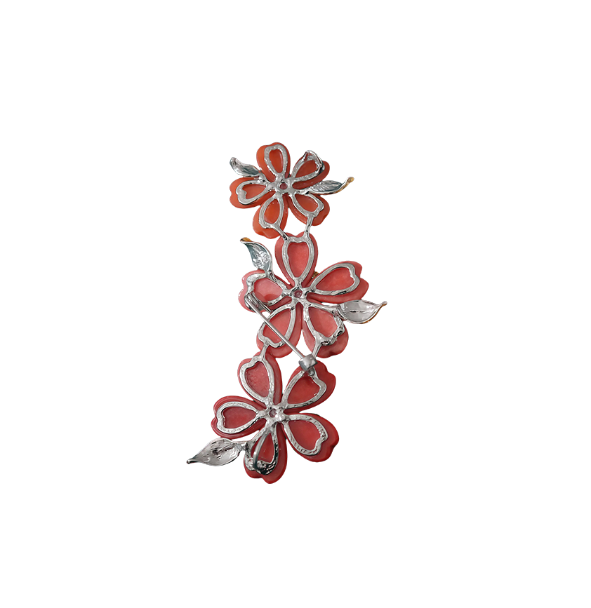 Red Jade and Pearl Cherry Blossom Brooch