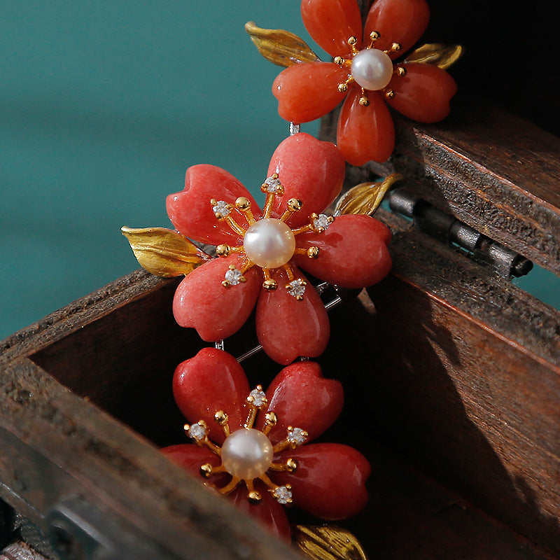 Red Jade and Pearl Cherry Blossom Brooch