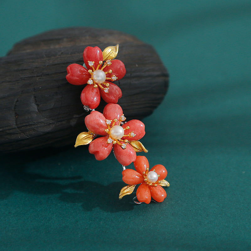 Red Jade and Pearl Cherry Blossom Brooch