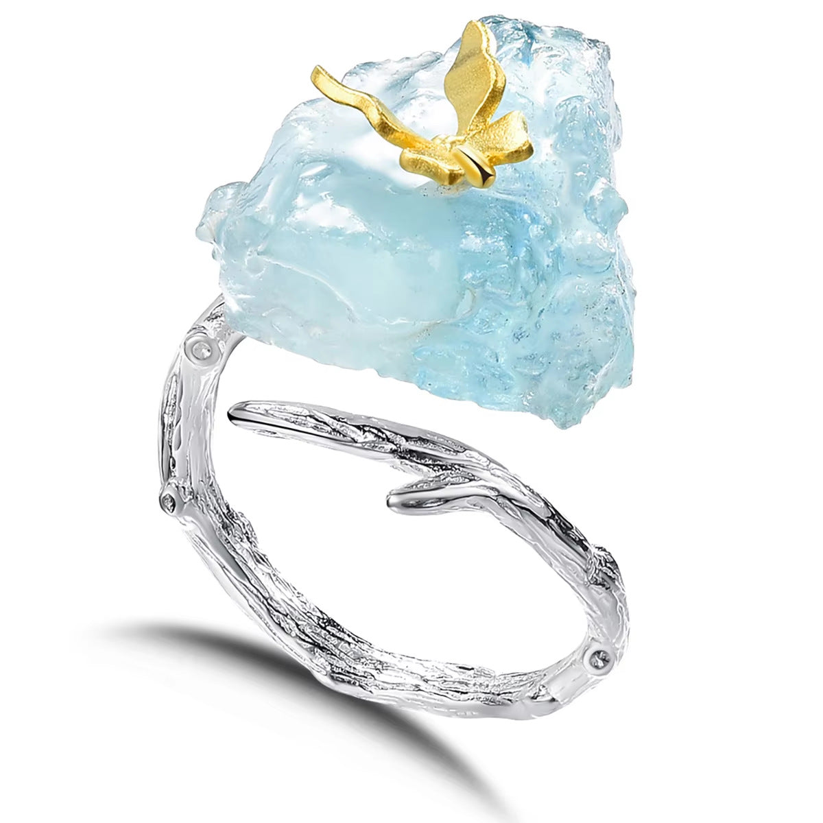 Aquamarine Raw Crystal Silver Butterfly Ring