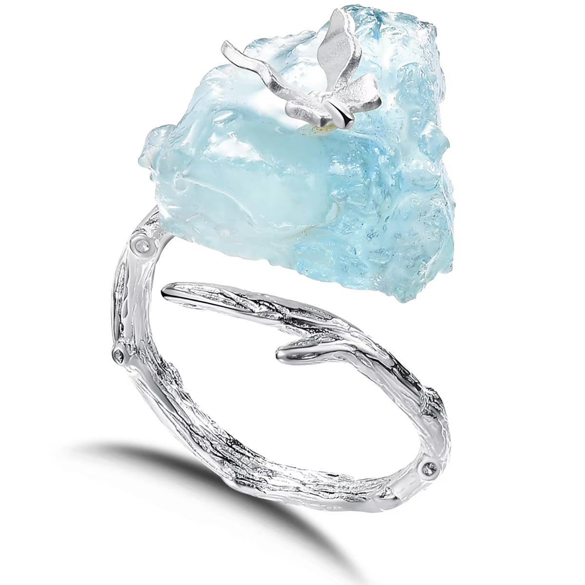 Aquamarine Raw Crystal Silver Butterfly Ring