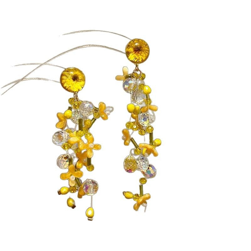 Yellow Daisy Tassel Bead Earrings