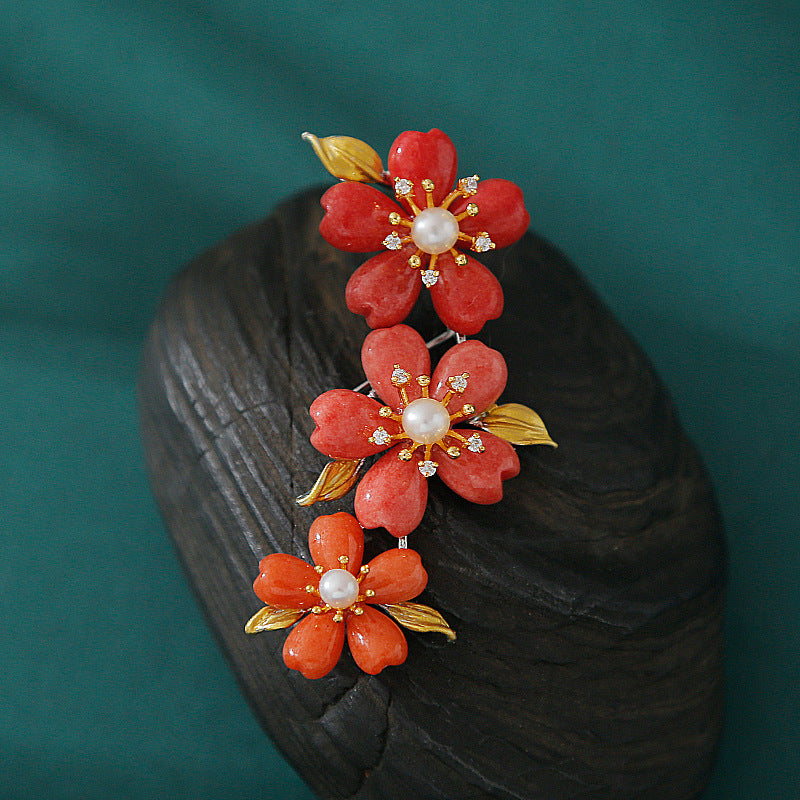 Red Jade and Pearl Cherry Blossom Brooch