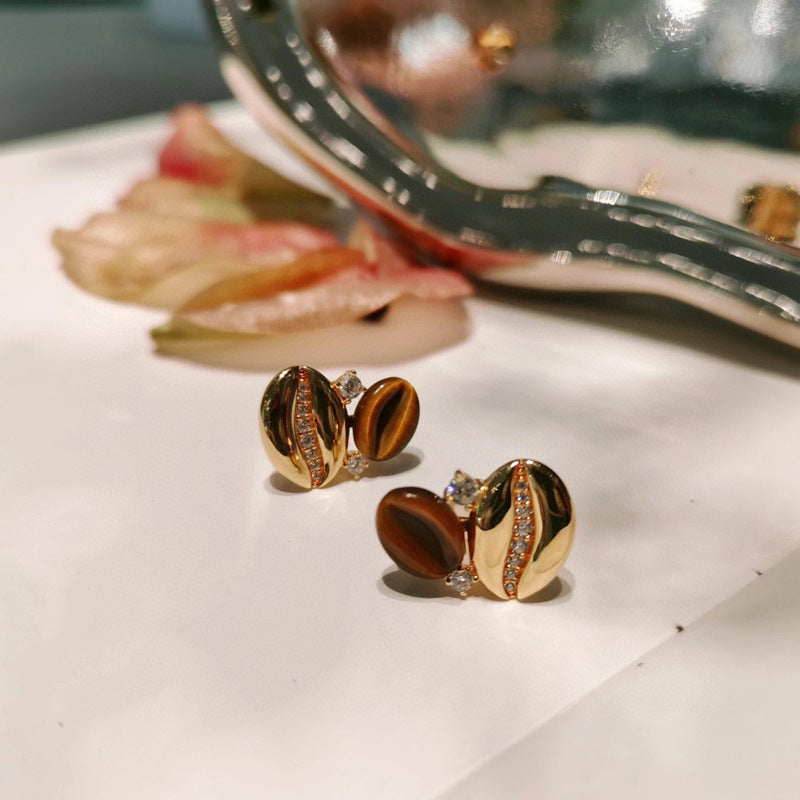 Tiger Eye and Zirconia Silver Coffee Bean Earrings