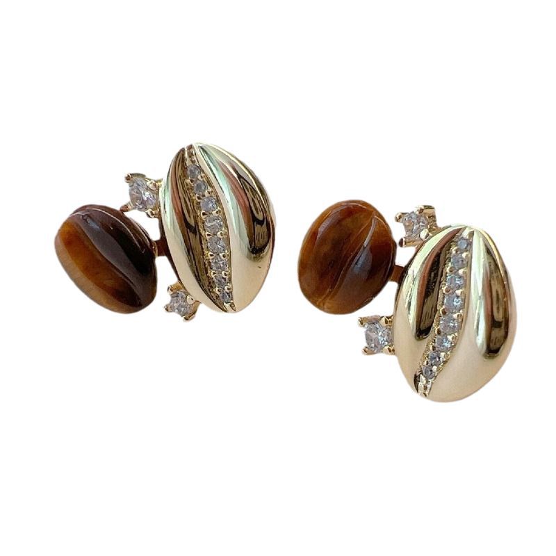 Tiger Eye and Zirconia Silver Coffee Bean Earrings