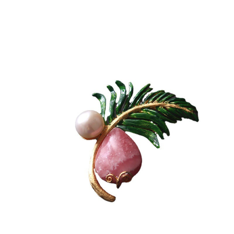 Rhodonite Pearl and Enamel Green Feather Fan Pendant Brooch