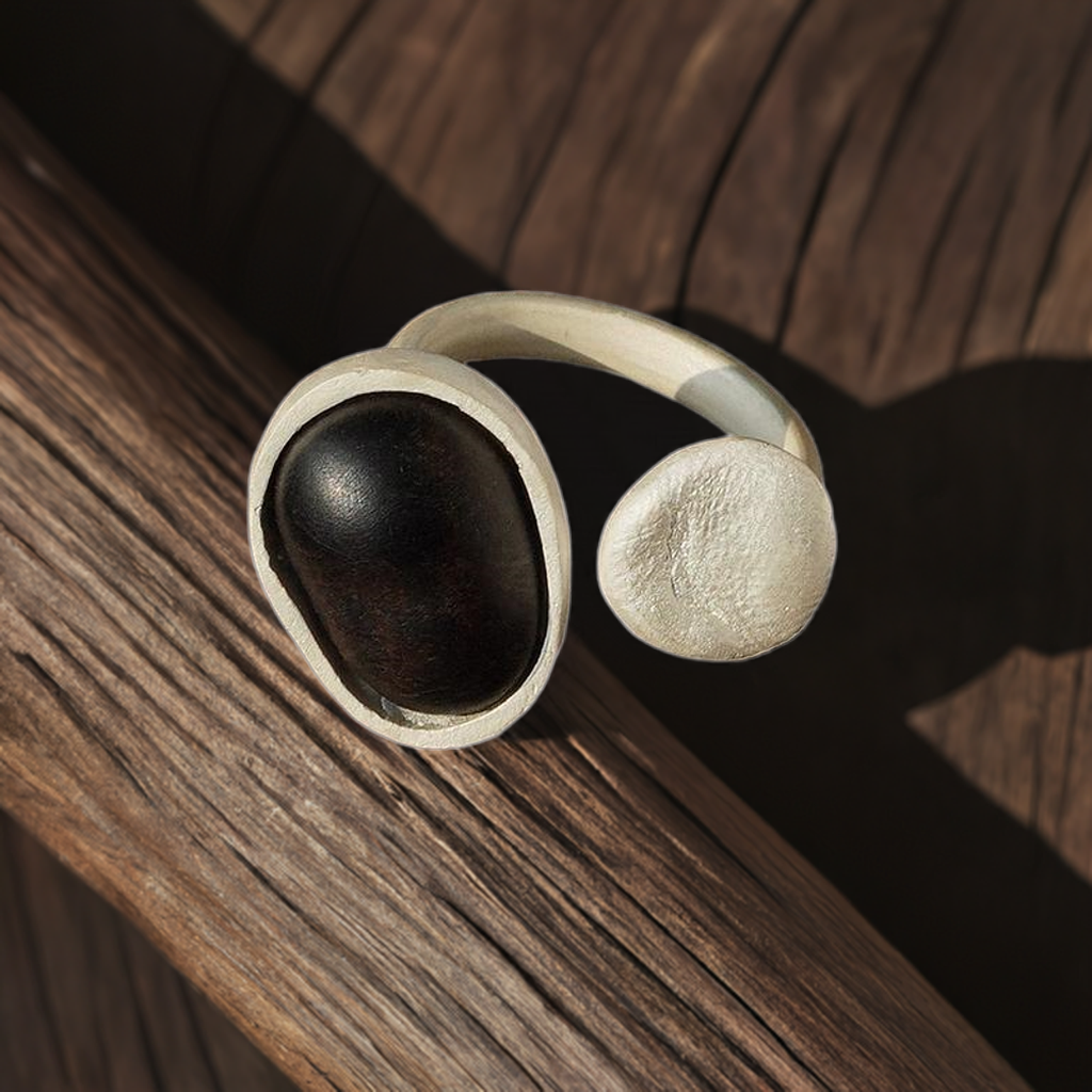 Vintage Silver Inlaid Wood Open Ring