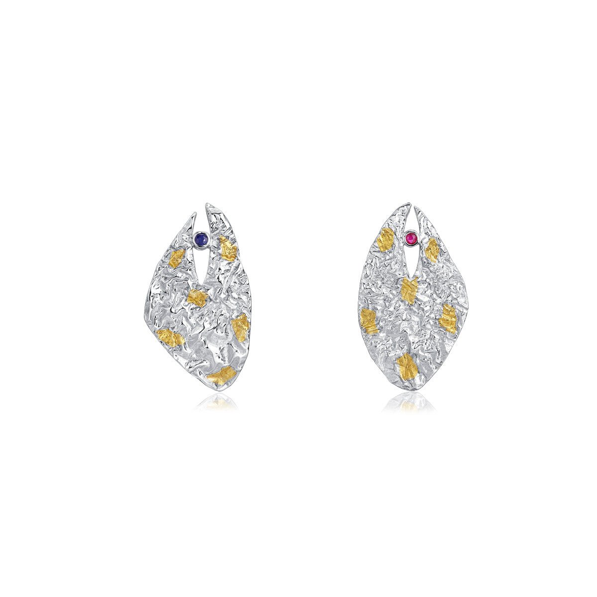Silver and 24K Gold Crumpled Gold Sapphire Leaf Earrings - BYRDSTRÖM JEWELRY