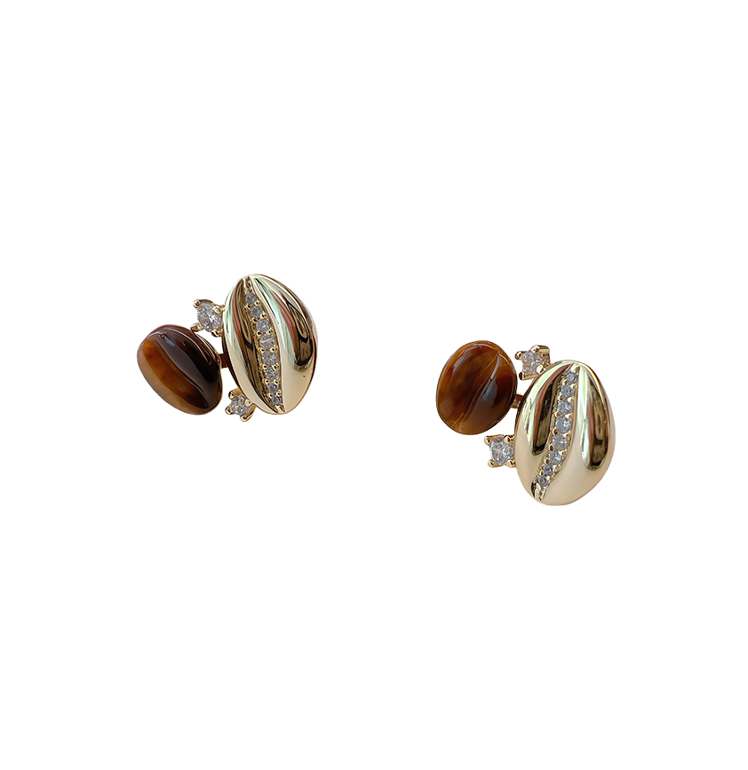 Tiger Eye and Zirconia Silver Coffee Bean Earrings
