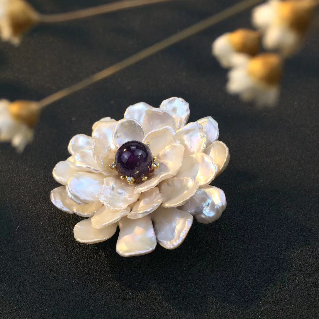 Handmade Baroque Pearl and Amethyst Floral Brooch