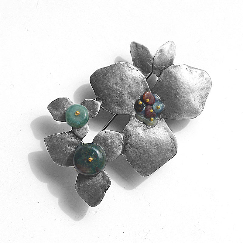 Electroplated Copper Natural Stone Flower Brooch