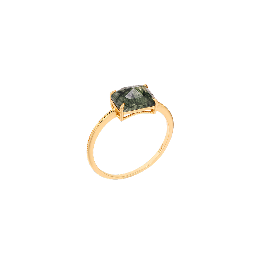 S925 Sterling Silver Natural Rectangular Rutilated Quartz Geometric Ring