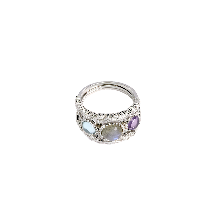 Vintage Silver Gold-Plated Labradorite Amethyst Topaz Ring