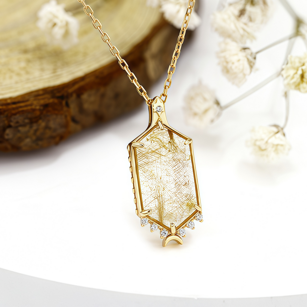 Gold Rutilated Zircon Inlaid Sterling Silver Pendant