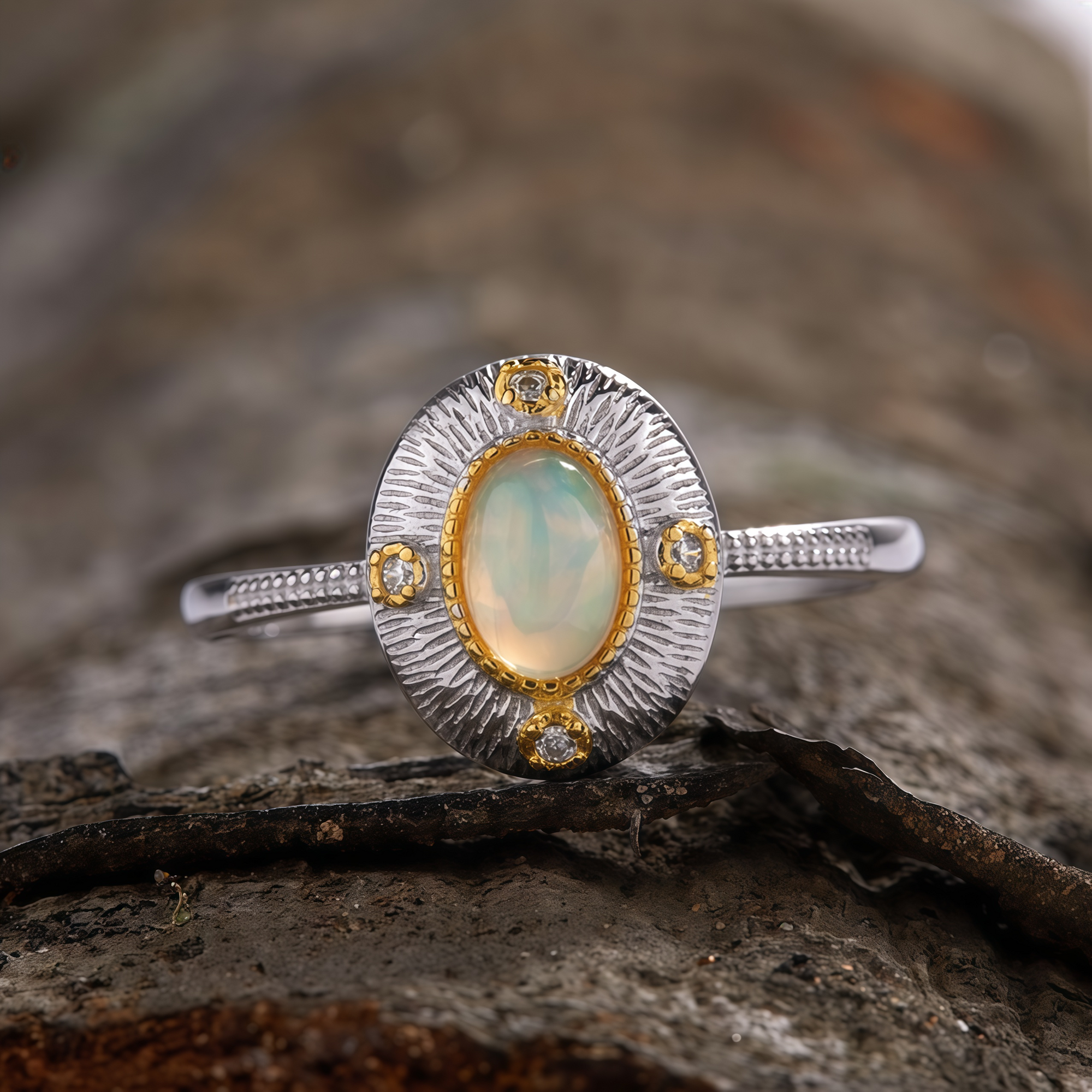 Gold & Silver Tone Natural Opal Gemstone Ring