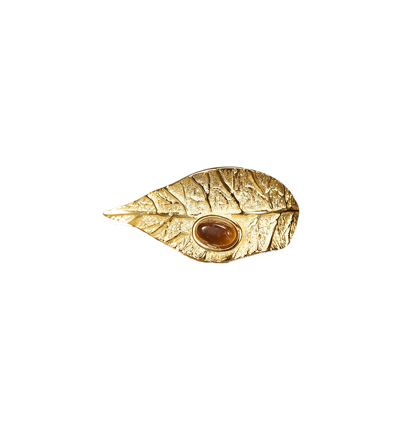 Artistic Leaf Natural Gemstone Open Ring
