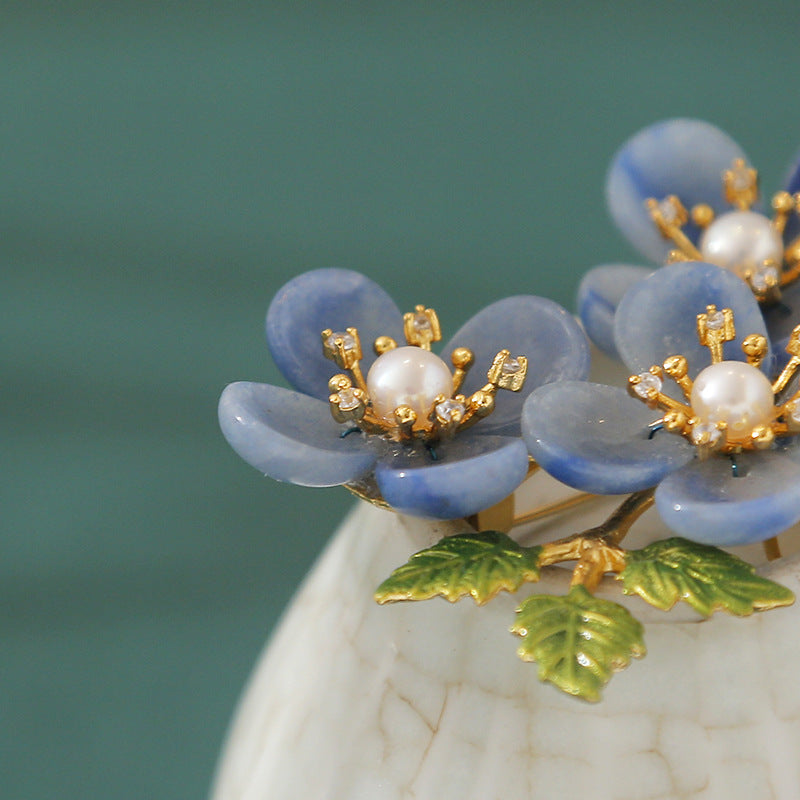 Natural Blue Aventurine & Pearl  Brooch