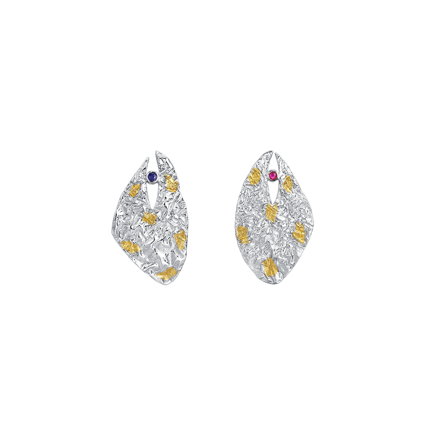 Silver and 24K Gold Crumpled Gold Sapphire Leaf Earrings - BYRDSTRÖM JEWELRY