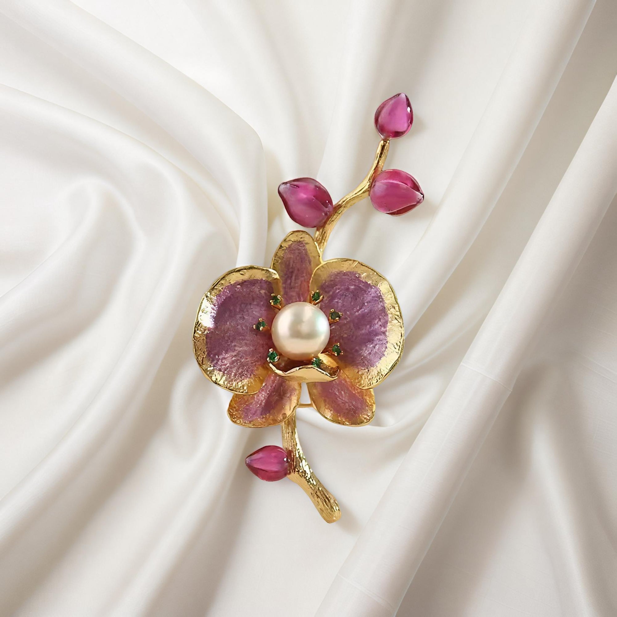 Pearl Enamel Orchid Pendant-Brooch