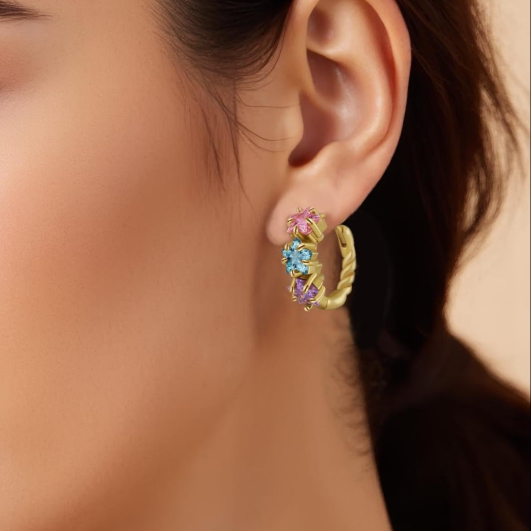 Silver Zircon Star Flower Earrings