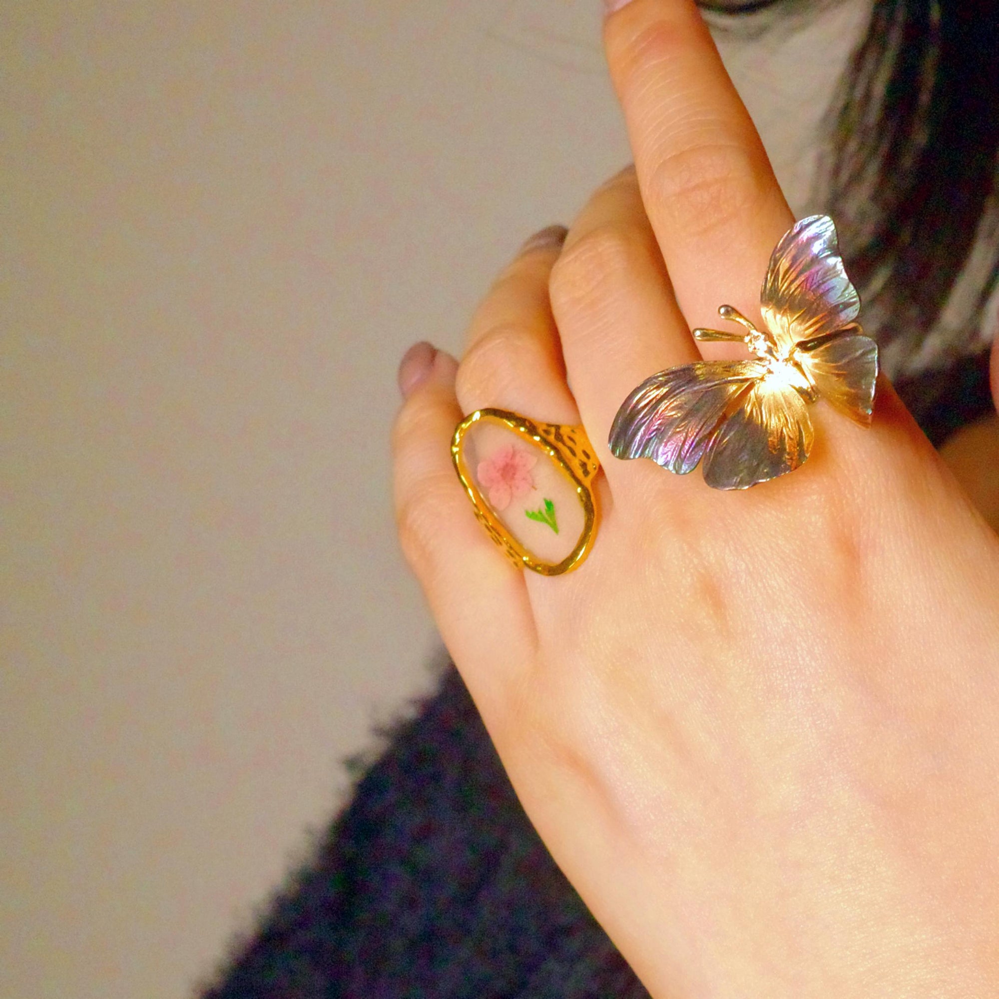 Pink Flower Botanical Specimen Ruffled Ring