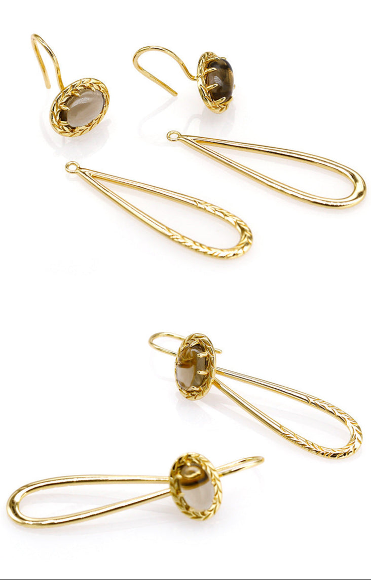 Product Description
Embodying "precision work and meticulous manufacturing", these stackable earrings marry smoky quartz's ethereal beauty with 14K gold-plated sterling silver. Each hand-selected quartz slice showcases natural gradation from light haze to deep cognac, creating customizable wearable art for daily styling.