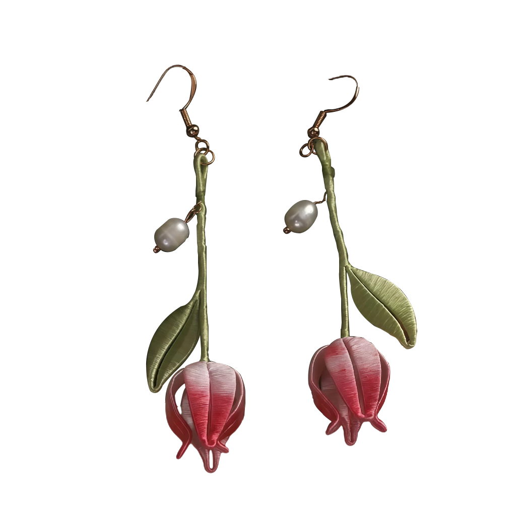 Handcrafted Twisted Flower Silk Pearl Lily of the Valley Earrings