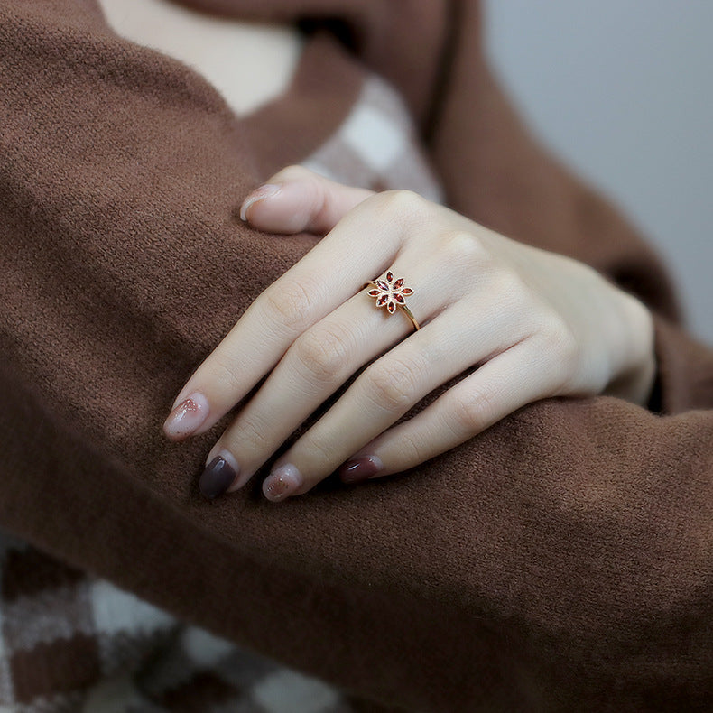 Vintage Floral Geometric Garnet S925 Sterling Silver Ring