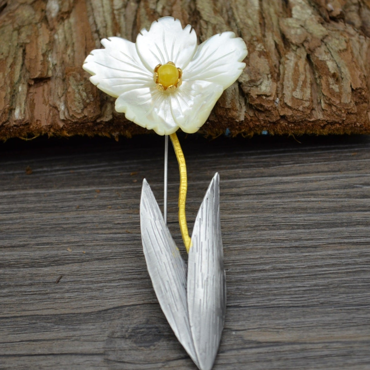 Amber and Mother-of-Pearl Floral Brooch