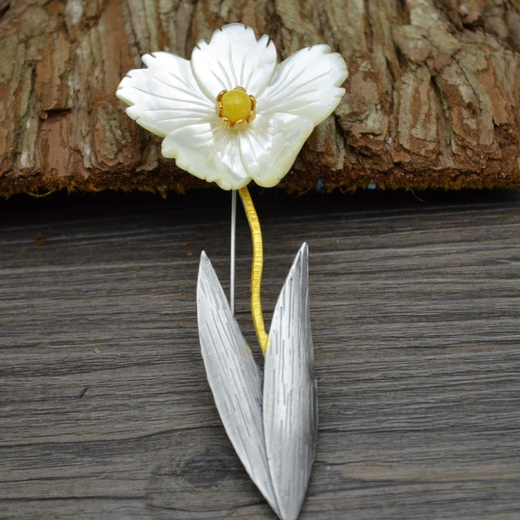 Amber and Mother-of-Pearl Floral Brooch